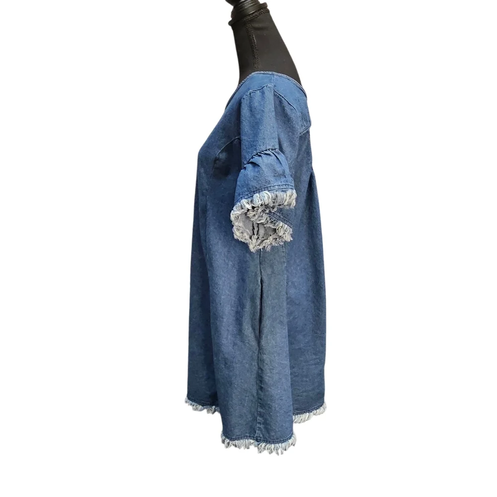 Umgee Blue Frayed Raw Edge Hem Denim Mini Dress Ruffled Sleeves Size M - Picture 2 of 8